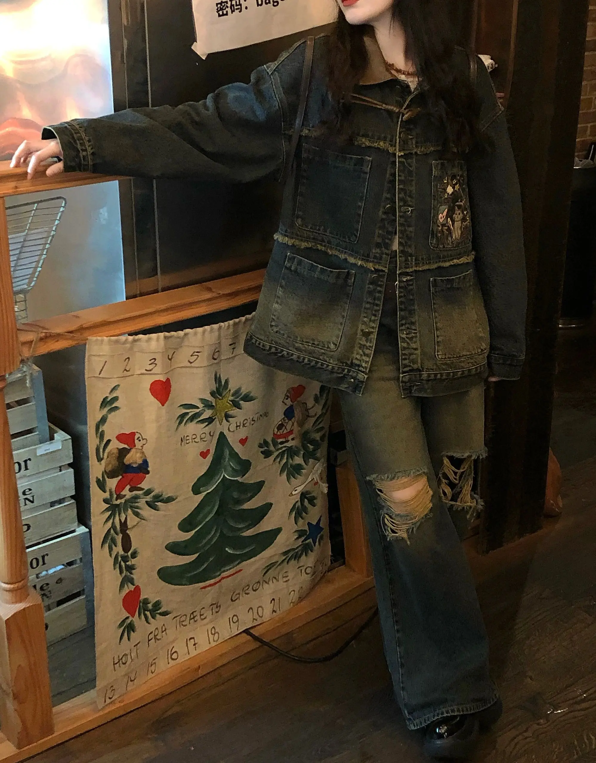 2025 Spring and Autumn American Retro Style Avocado Green Patchwork Denim Jacket Women's Loose Blue Casual Daily Jacket