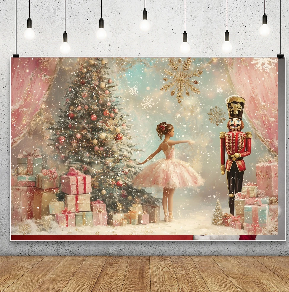 Christmas Ballerina Backdrop Pink Curtains Ornate Decor Soldier Xmas Tree Gift Snowy Festive Personal Portrait Photo Backgrounds