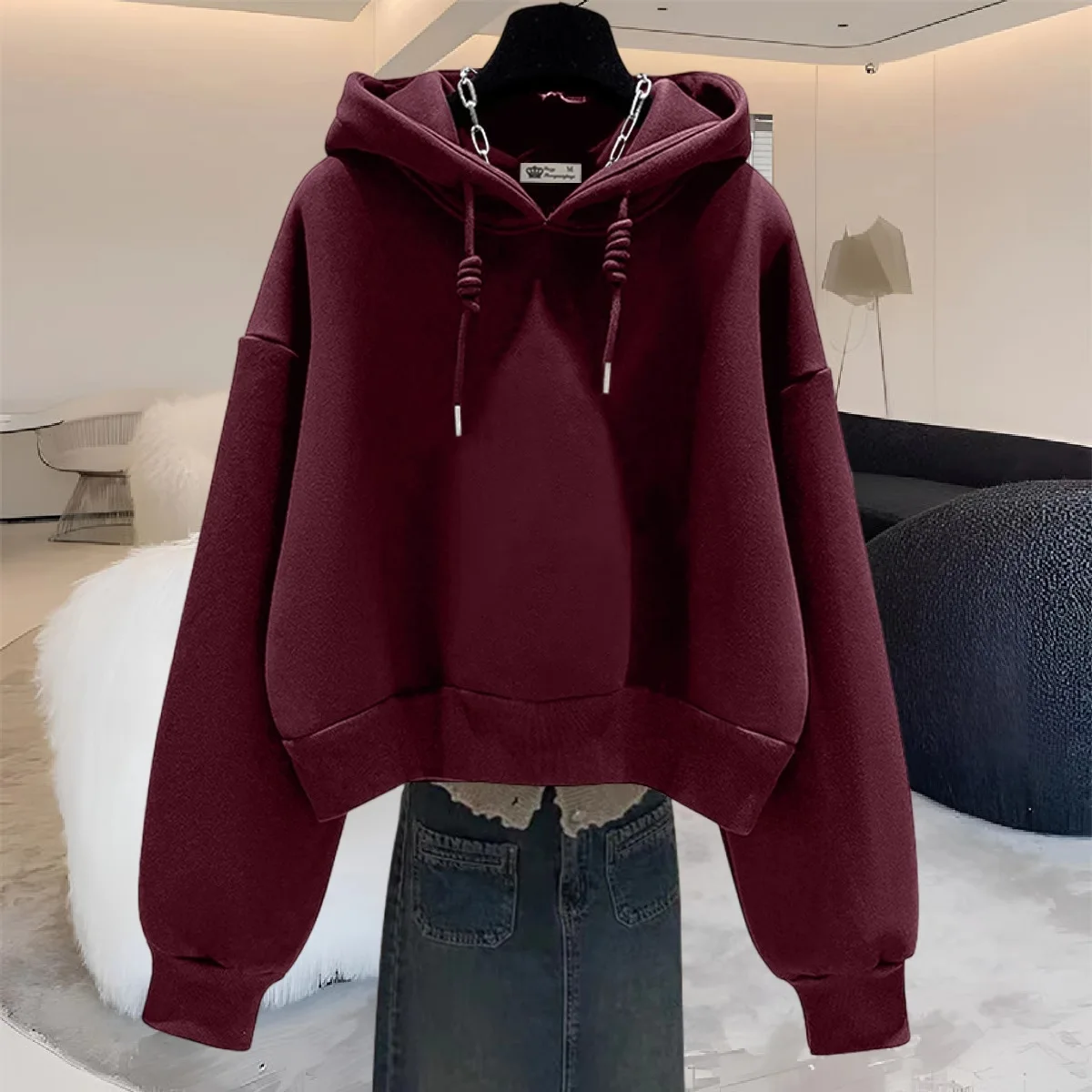 

Глубокая кофейная повседневная короткая однотонная толстовка с капюшоном для женщин с бархатом, новинка 2023 года, весна и осень-зима, однотонная с капюшоном