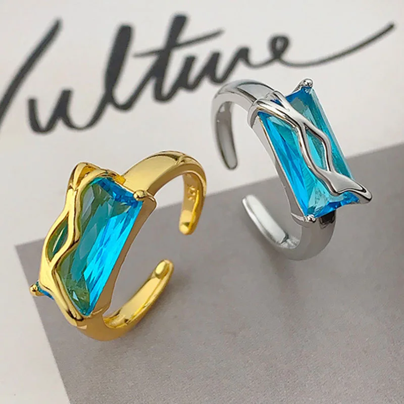 PANJBJ 925 Sterling Silver Geometry Blue Crystal Rings For Women Wrap Classics Fashion Trend Jewelry Gift Dropshipping