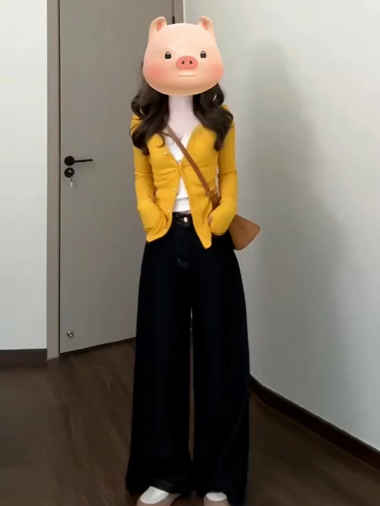 Korean Sle Yellow Knitted Open Cardigan Women's Autumn Winter Slim Fit Long Sve Base irt Inner Wear Soft Polyester Fiber