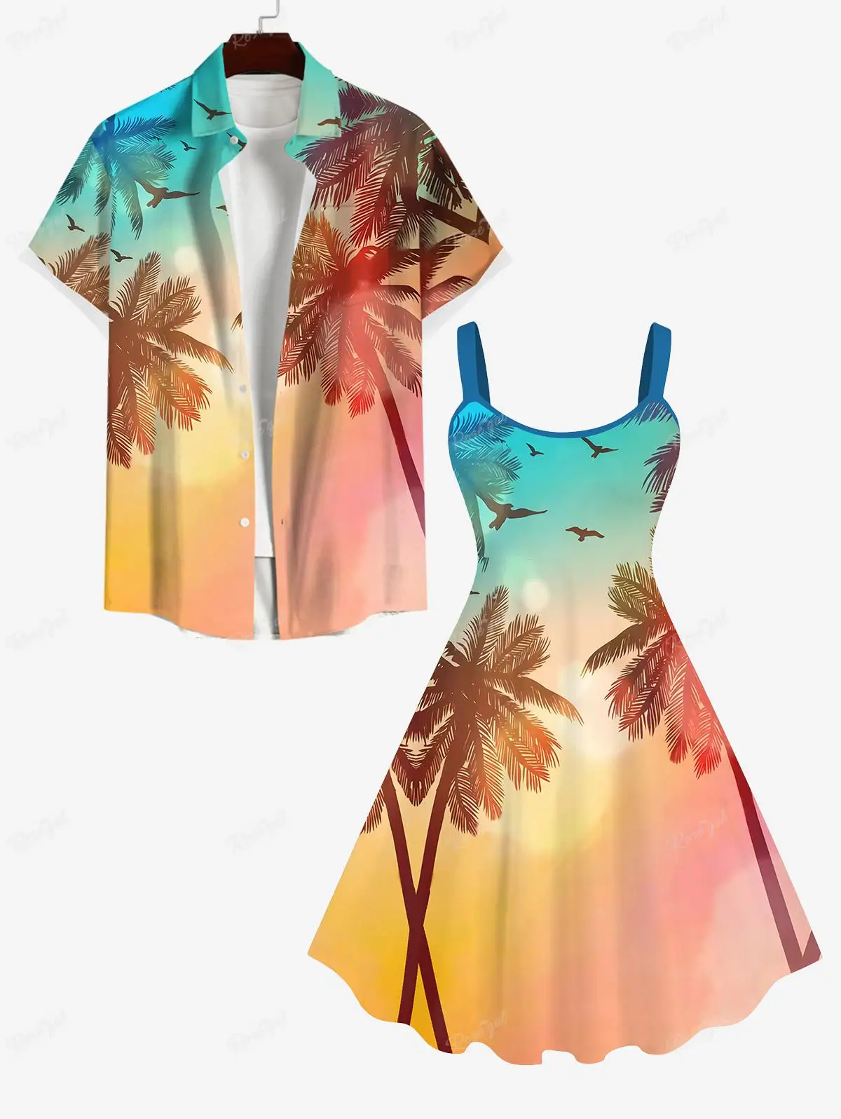 

S-3X Plus Size Matching Hawaii Beach Outfit For Couples Ombre Dusk Coconut Tree Swallow Print Dress and Button Shirt