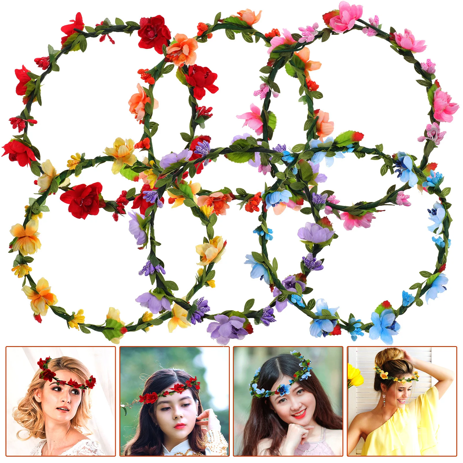 6Pcs Floral Wreath Headband Women Flower Crown Hair Garland Bride Accessories for Wedding Birthday Halloween Thanksgiving