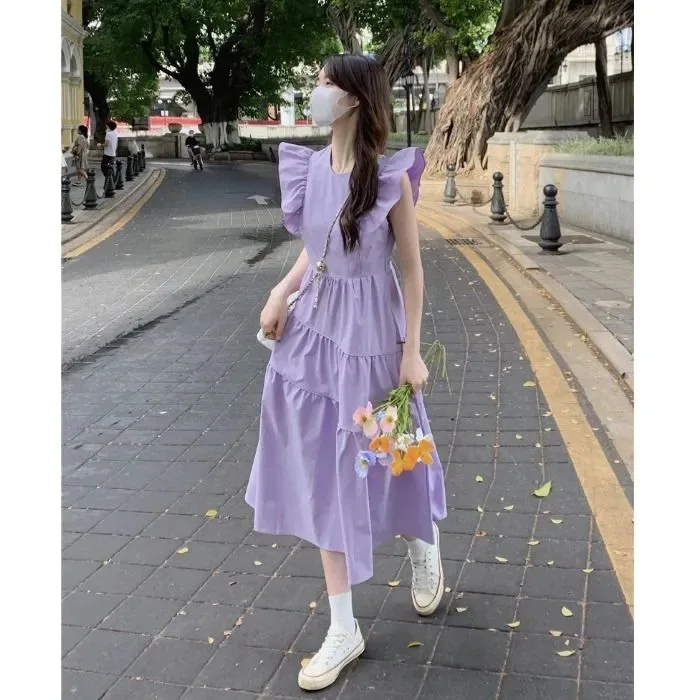 2024 New Style Sweet White and Purple Dress Women Cute Lace Up Sleeveless Long Dresses Casual Loose Holiday Vestidos Summer D05