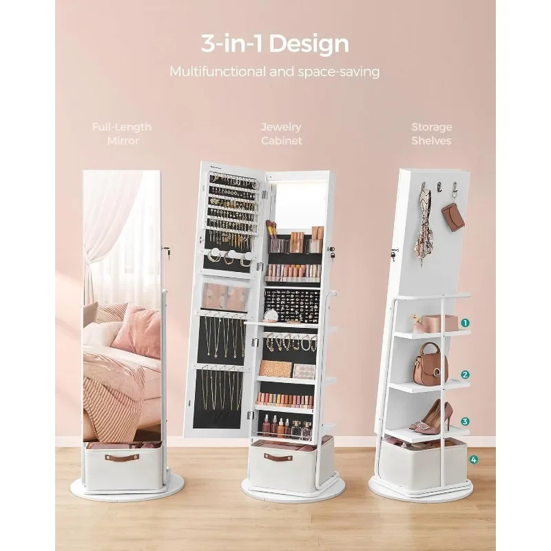 360° Swivel Mirrored Jewelry Cabinet with Lights, Full-Length Mirror with Jewelry Storage, Standing Jewelry Armoire Organizer