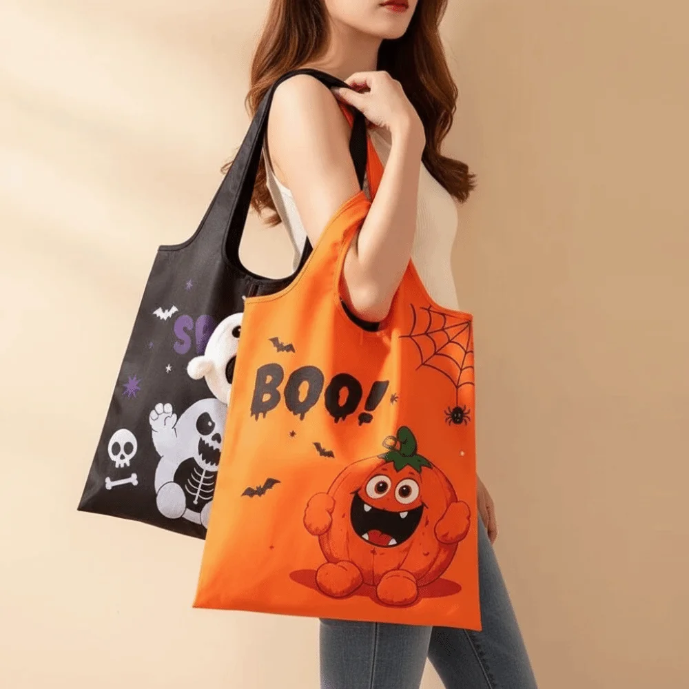 Solid Color Halloween Grocery Tote Space-Saving Tear-Resistant Cartoon Pocket Handbag Large Capacity Mini Foldable Shopping Bag