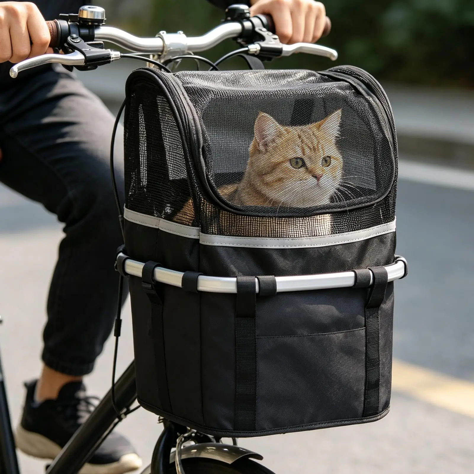 Bike Dog Basket Pet Bicycle Handlebar Carrier with Window Reinforced Pet Bicycle Basket For Daily Outdoor Pet Travel Accessory view 5