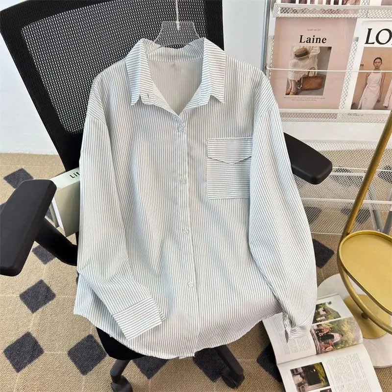 

New Striped All-match Long Sleeve Korean Blouse Spring Autumn Polo Neck Loose Lazy Style Shirt Tops Fashion Casual Women Clothes