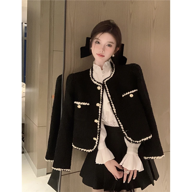 MEXZT Vintage Tweed Jackets Women Elegant Black Cropped Suit Coat Korean Thicken Blazer Single Breasted Short Outerwear Tops New