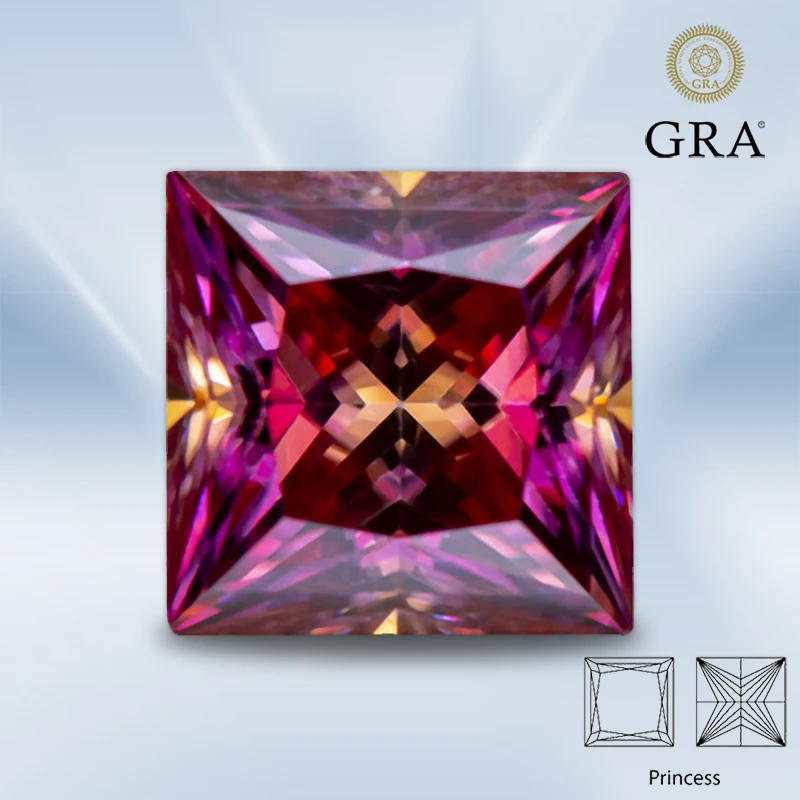 

Moissanite Stone Watermelon Red Color Princess Cut Top Quality Charms for DIY Jewelry Making Ring Materials with GRA Certificate