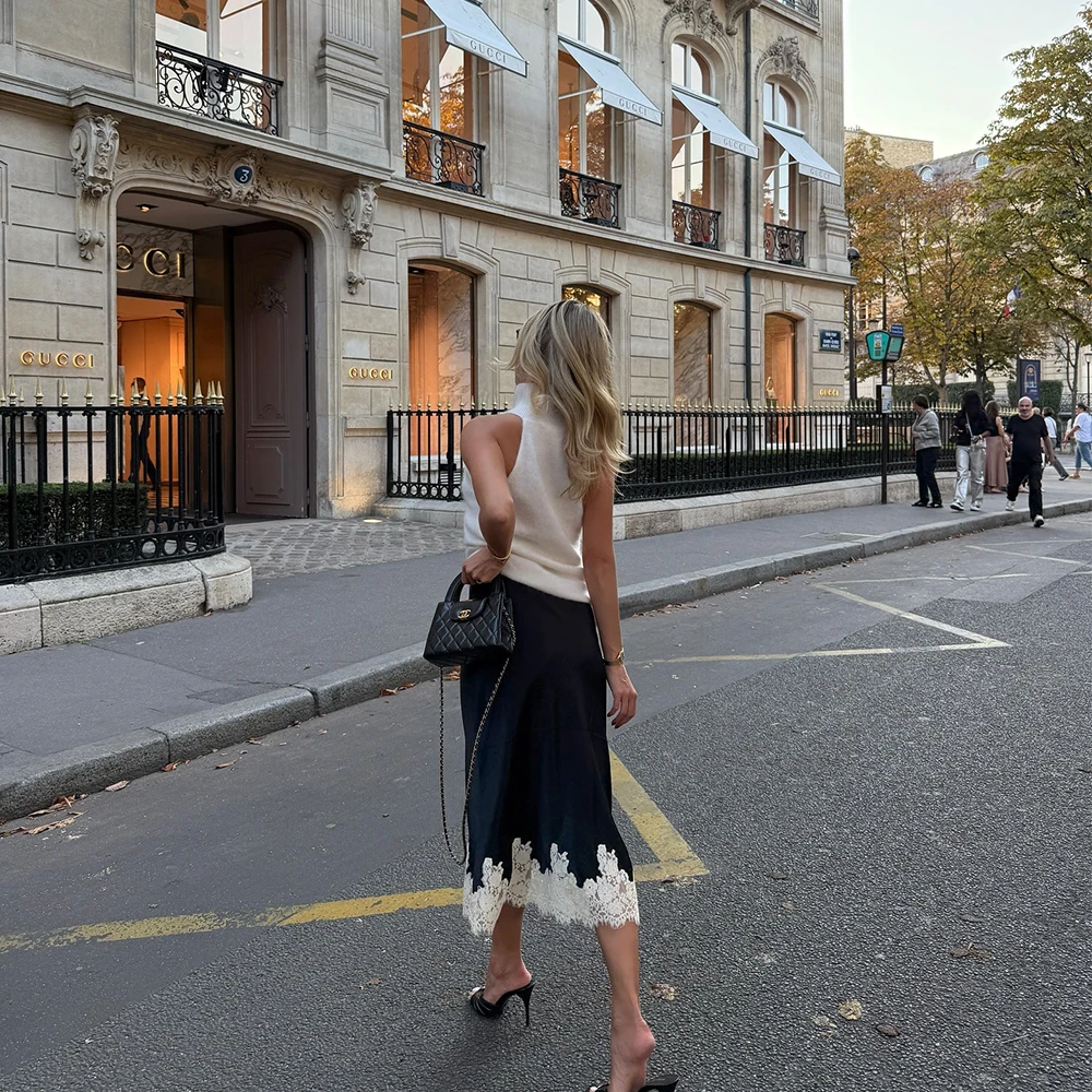 

Satin Lace Elegant Midi Skirts Female High Waist Patchwork Slim Printed Casual Clothes For Women Sexy Y2k Vintage Skirts 2025