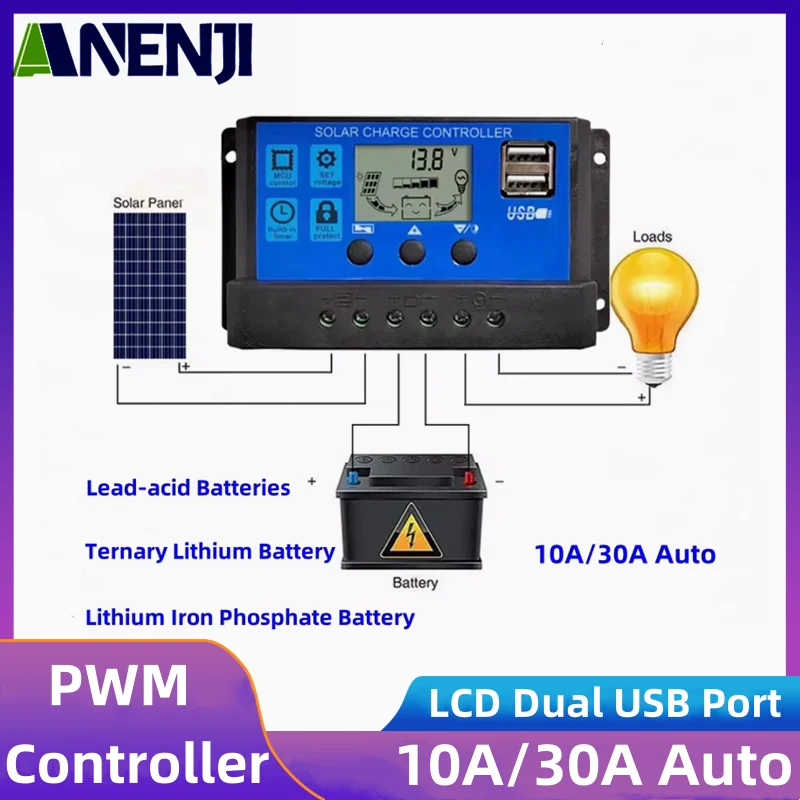 10A 30A  Auto Solar Charge Controller Battery Charge Regulator PWM Controller LCD Dual USB For Solar Panel PV Home Systems