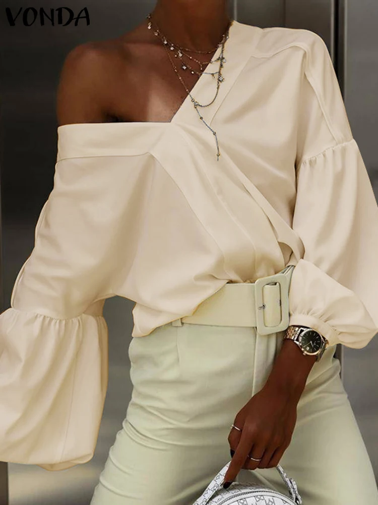 VONDA Women V-Neck Blouse Elegant Office OL Tunic 2025 European Fashion Shirts Lantern Sleeve Solid Color Tops Oversized