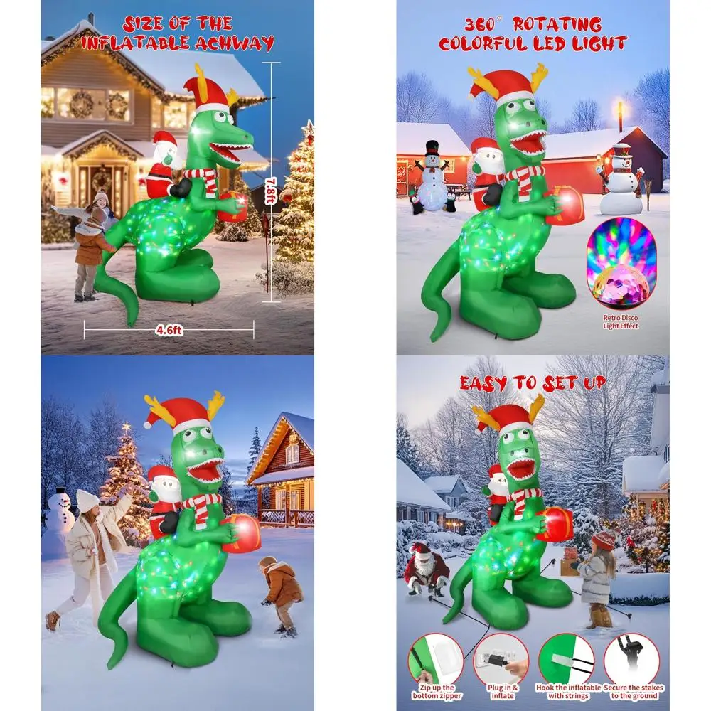 

Гигантский 8-футовый рождественский динозавр со светодиодной подсветкой и ездой Санта-Клауса, уличный праздничный декор двора