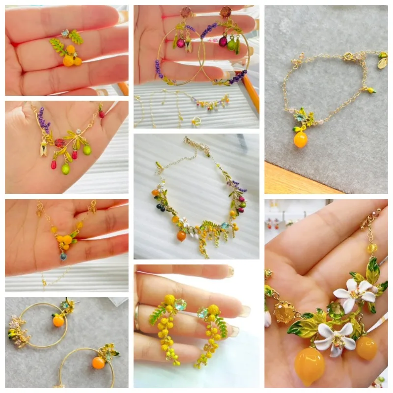 Handmade Enamel Provence Series Fruitful Sweet Orange Lavender Cicada White Flower Necklace Earrings Ring Bracelet Jewelry Sets