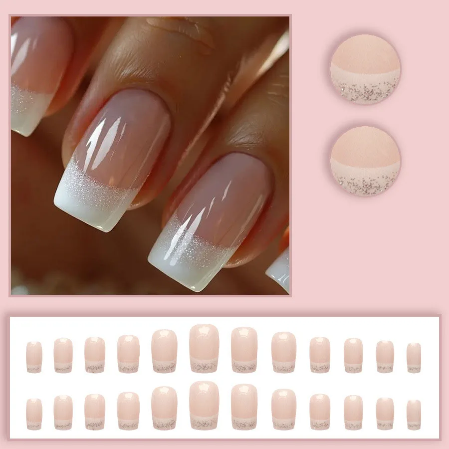 24pcs/set Medium Square fake nails for women girls Nude beige with glitters french style white edge press on false nail art set
