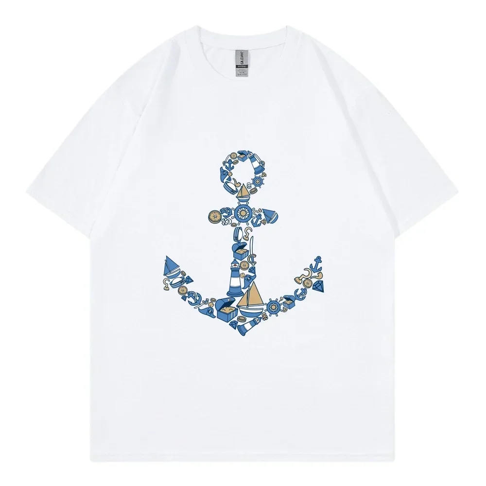 Retro Fun Anchor Warm Cotton Pattern T-shirt, Casual Sports Street Wear, Y2K Casual Sports Men's Summer T-shirt