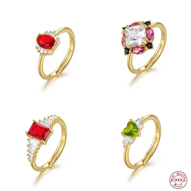 

Dawn's Jewel S925 Sterling Silver Luxury Egg-shaped Gemstone Geometric Square Diamond Adjustable Ring