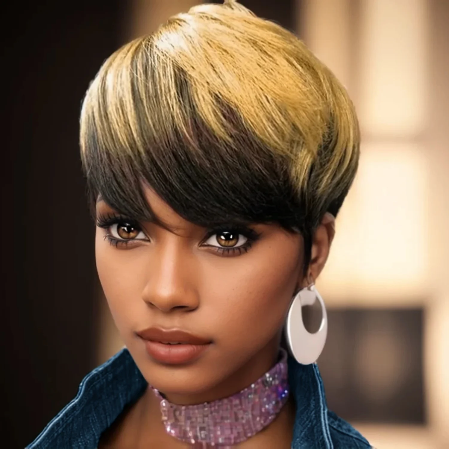 1B/27 트렌드 컬러 짧은 레이어드 픽시 가발(뱅 포함) 브라질 스트레이트 인모 전체 기계 제작 가발