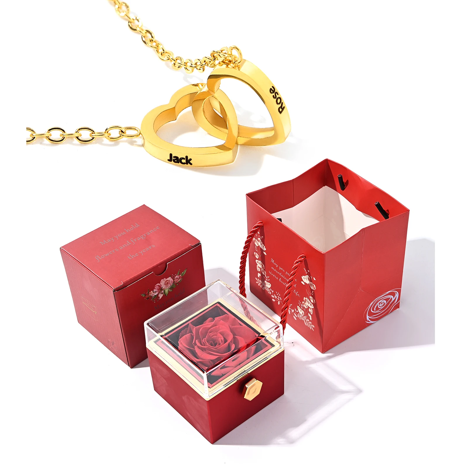 

Eternal Rose Box - Engraved Custom Necklace Personalzied Name Valentine's Day For Women Heart Pendant REALROSE Flower Gift Boxes