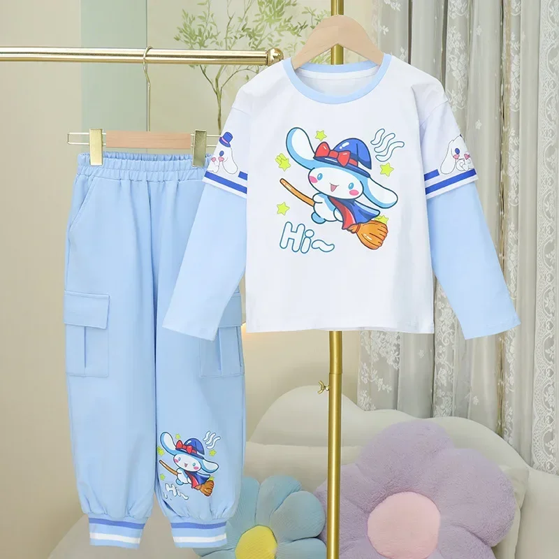 Sanrio camiseta de manga comprida infantil, My Melody Ins, fofa moda Cinnamoroll, calça casual de duas peças, presentes Kawaii, primavera e outono