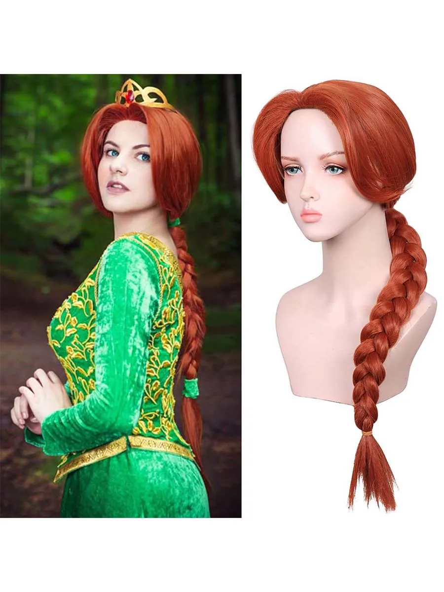 Perruque synthétique longue tressée marron rougeâtre pour femmes, perruque Fiona princesse rouge marron film perruque pour Halloween Costume Cosplay fête