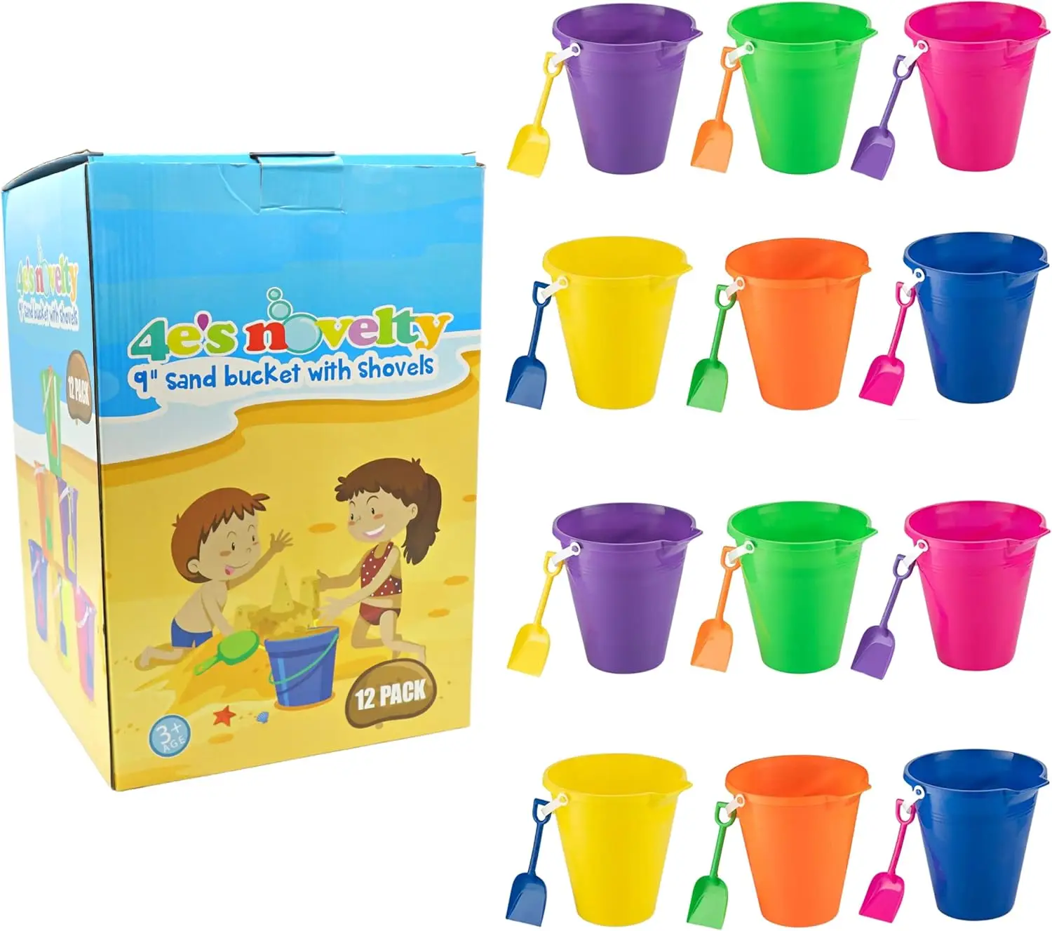 9" Large Sand Bucket with Shovel [12 Pack Bulk] Beach Buckets - Beach Toys for Kids & Toddlers, Party Favors Holders, Easter Bas