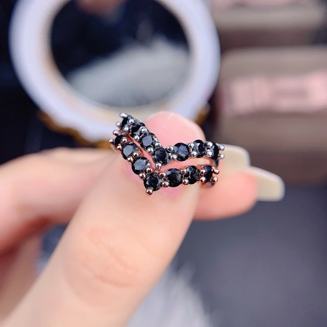 925 Sterling Silver Women Rings Natural Black Spinel Curved Stacking Ring Matching Band Black Stone Ring Bridal Gifts