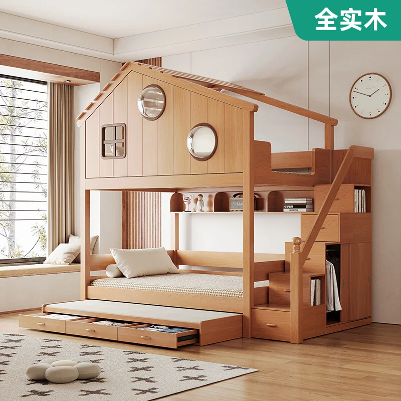 

All solid wood children's tree house upper and lower beds Small apartment upper and lower bunk beds Space saving high and low be