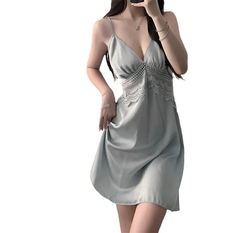 

Sexy Lace Nightgown Dress With Straps And Chest Pads Pure Desire Backless Sleepwear With Robe Set Home Wear Dress For Women B40Q