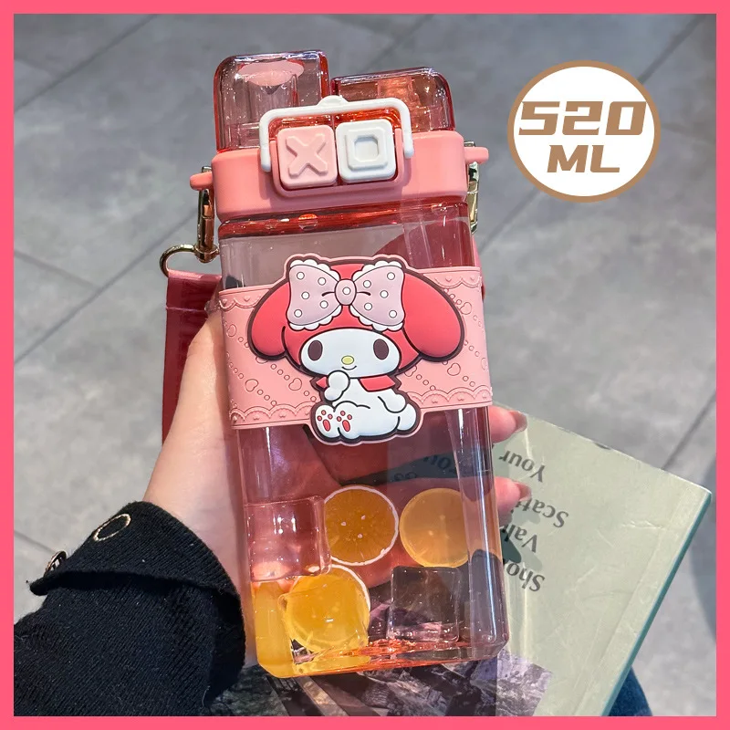 520ml Sanrioed Melody Kuromi Cinnamoroll Plastic Students Bottle Double Drink Cup Cartoon Large Capacity Water Bottle Xmas Gifts