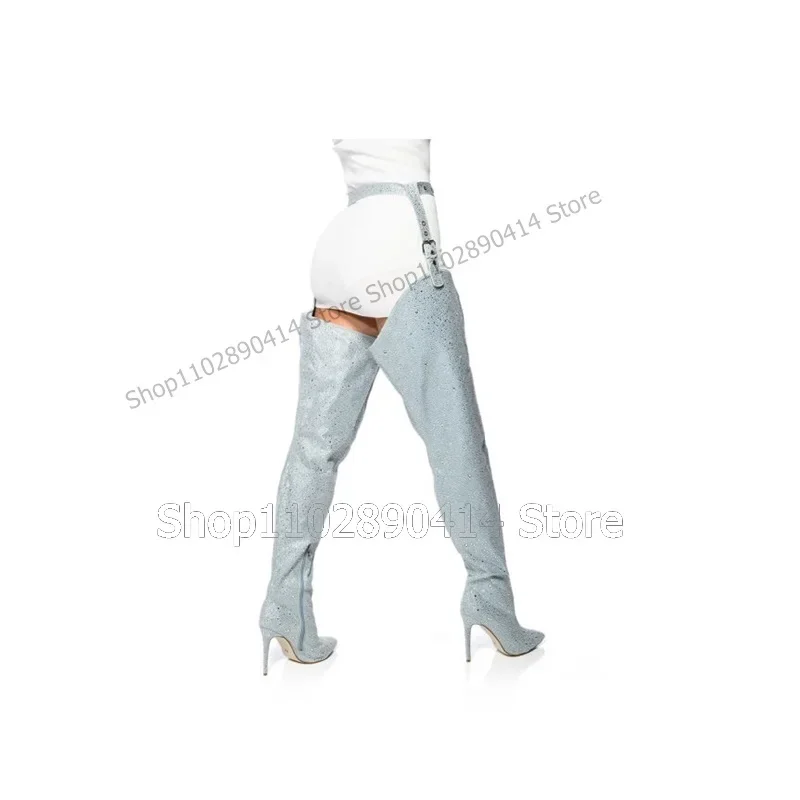 Luz azul giltter cinto decoração botas coxa alta sapatos femininos finos saltos altos apontou toe moda sexy 2023 zapatos para mujere