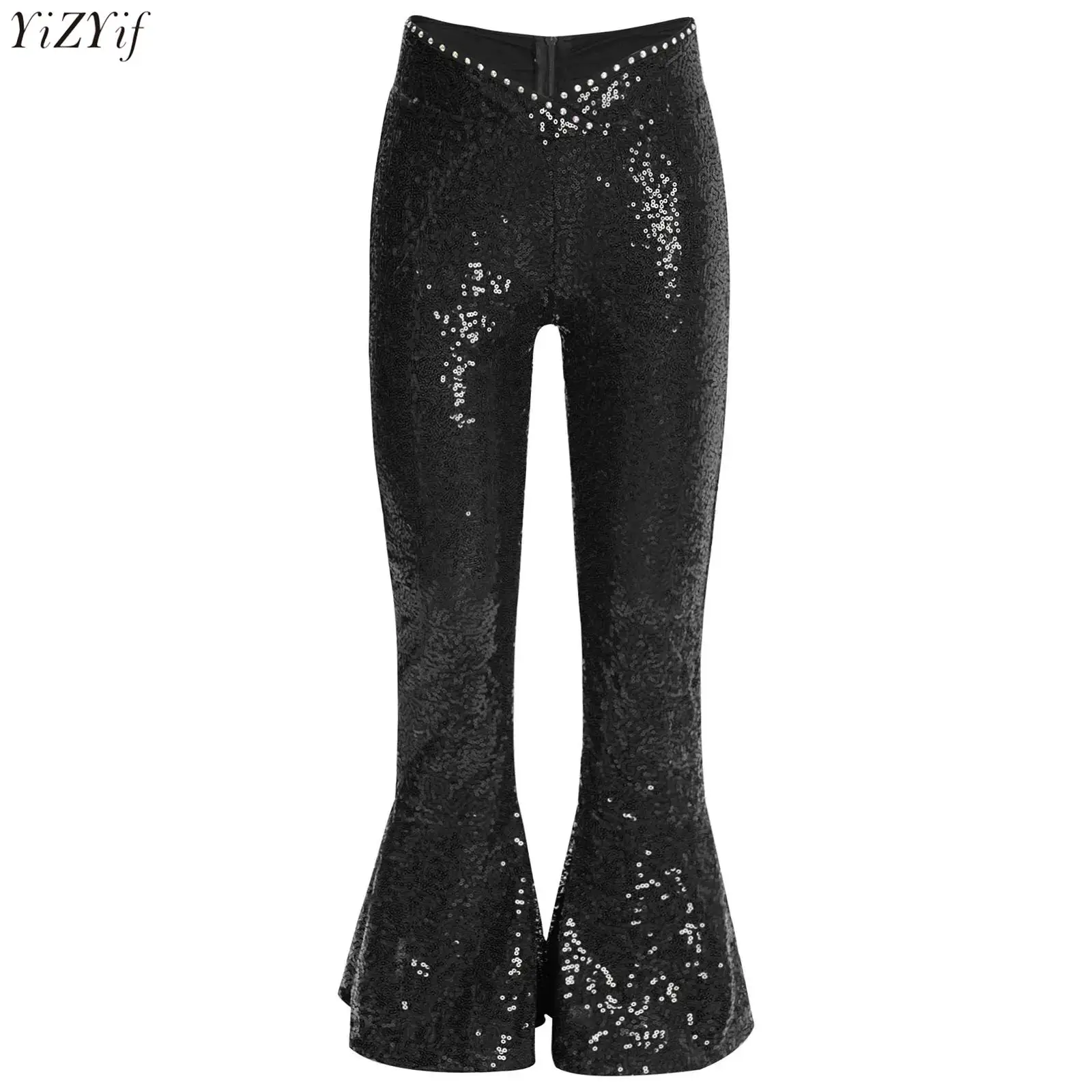 

Kids Girls Dance Pants V-Front Waistline Rhinestones Sequins Zipper Flared Pants for Jazz Latin Dance Performance Competition