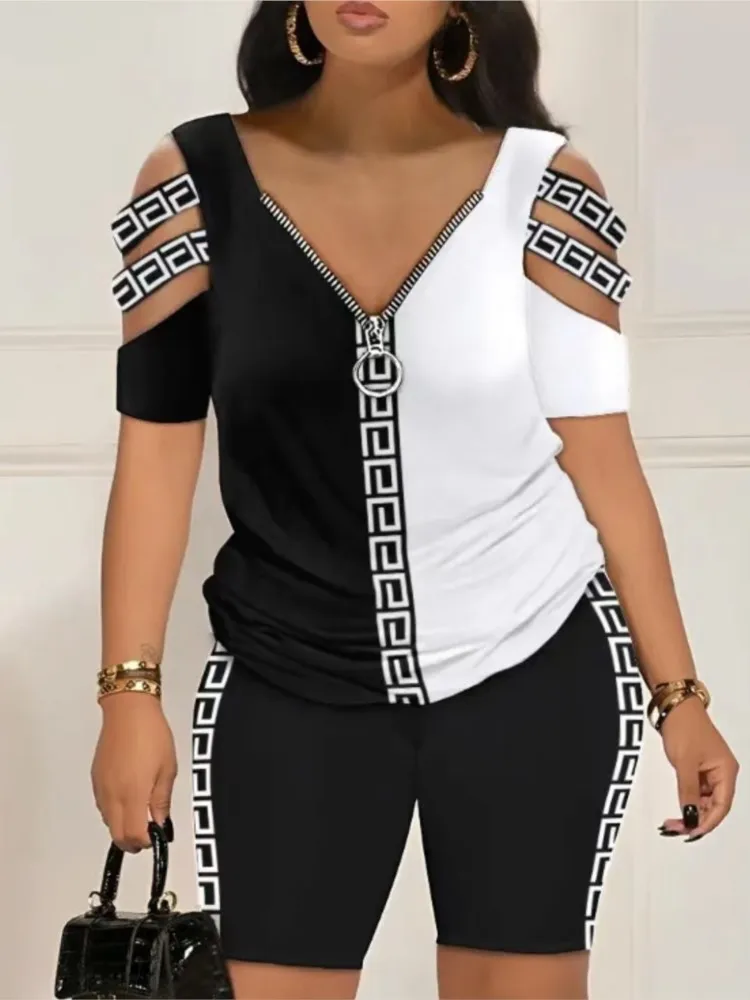 Conjuntos para mujeres 2 piezas2 piece sets women outfit Women Zippered T-shirt And Shorts Set 2-piece Set Loose, Printed Summer