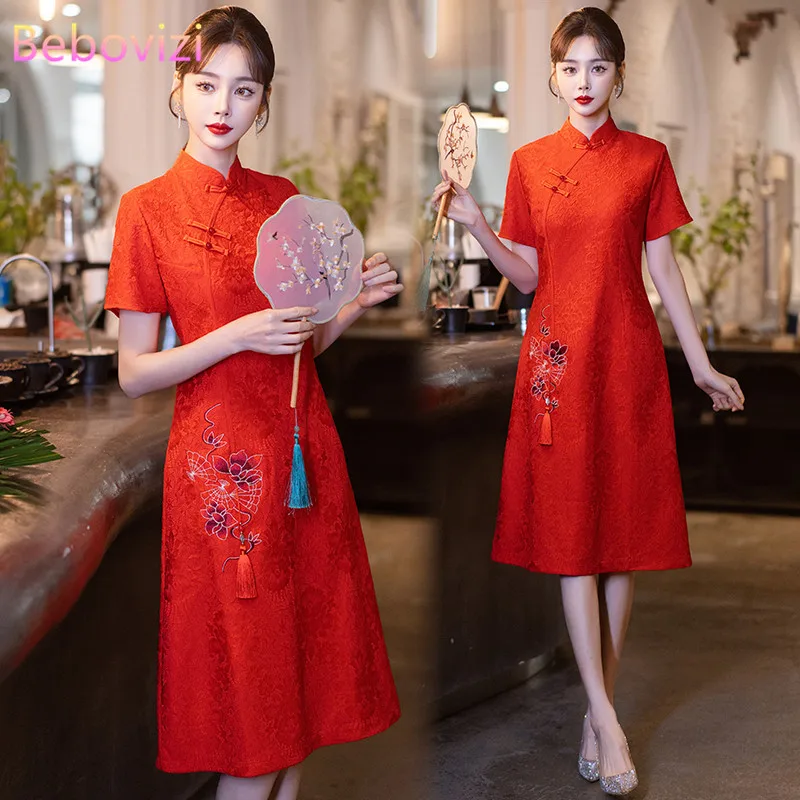 Chinese Traditional Women's Red Lace Short Sleeve Cheongsam Stage Performance Improved Qipao Dress Daily Wearable New Year CNY