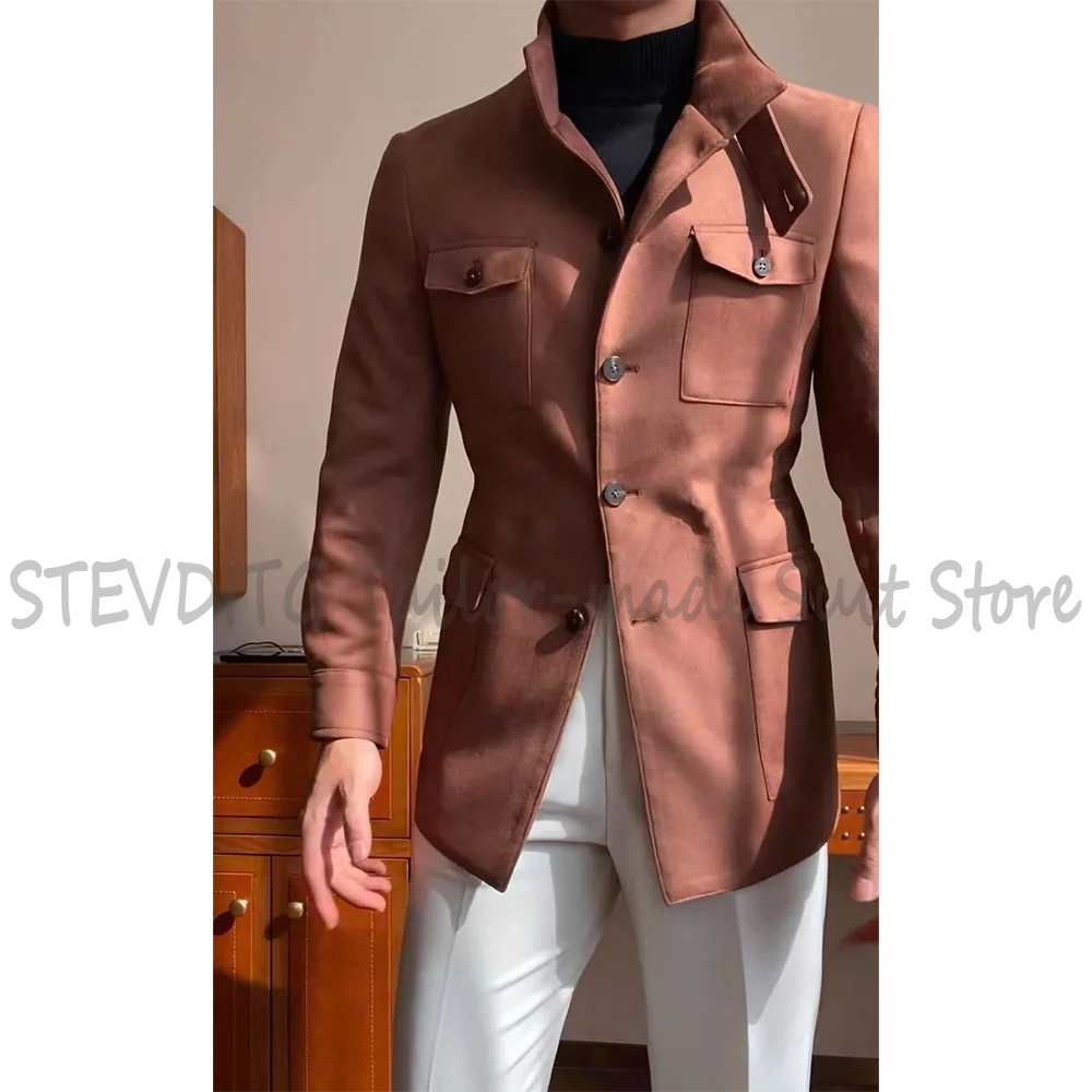 Vintage Stand Collar Men Suit Contrast Color Smart Casual Single Breasted Outfit High Street Style Social Club Party Wear