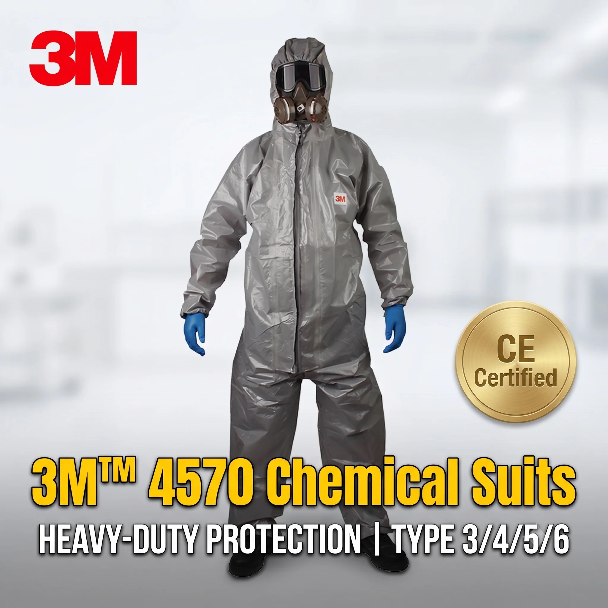 3M 4570 Protective Coverall Grey Chemical Resistant Suit Type 3/4/5/6 Nuclear Biological HAZMAT Suiting with Hood for Heavy Duty