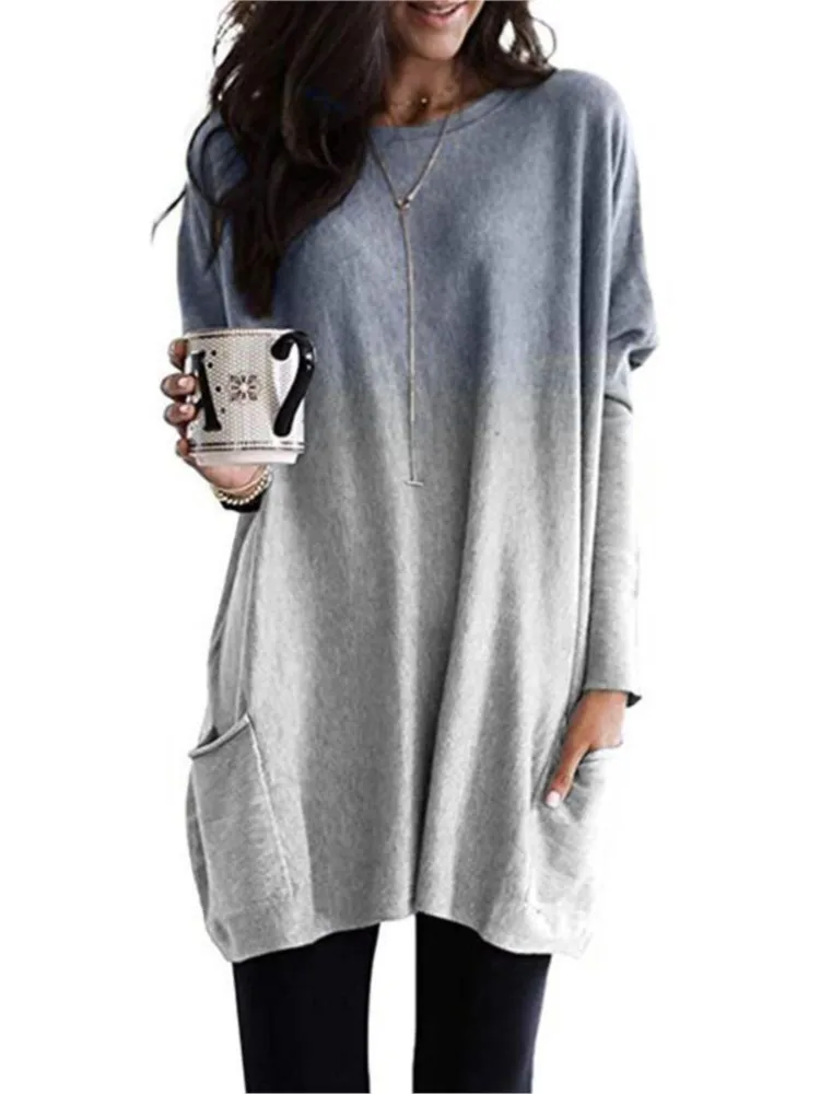 Women\'s Autumn Winter New Fashion Gradient Color Long Sleeved Casual Pocket T-shirt Round Neck Top Women\'s Clothing