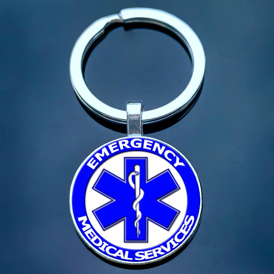 Emergency medical technicians keychain male and female medical alarm glass circular keyring doctor and nurse gift jewelry