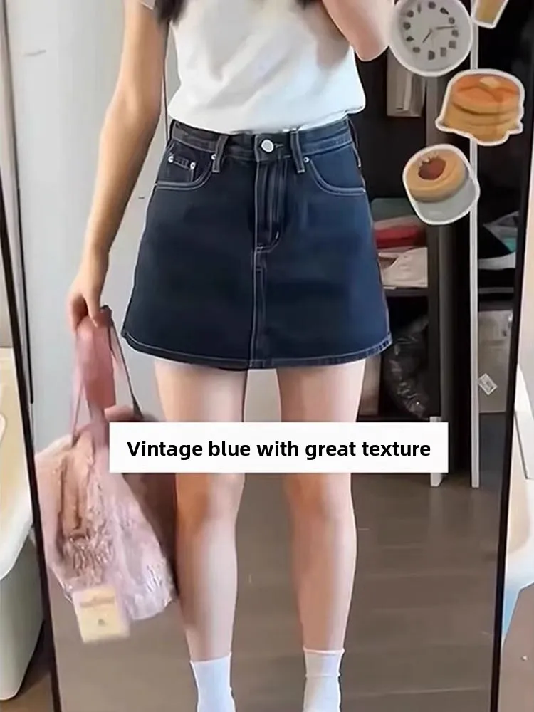 

High Waist A-Line Skirt Women's Denim Skirts Summer Anti-Light Flattering Slimming Skirts with kets Sweet School Sle