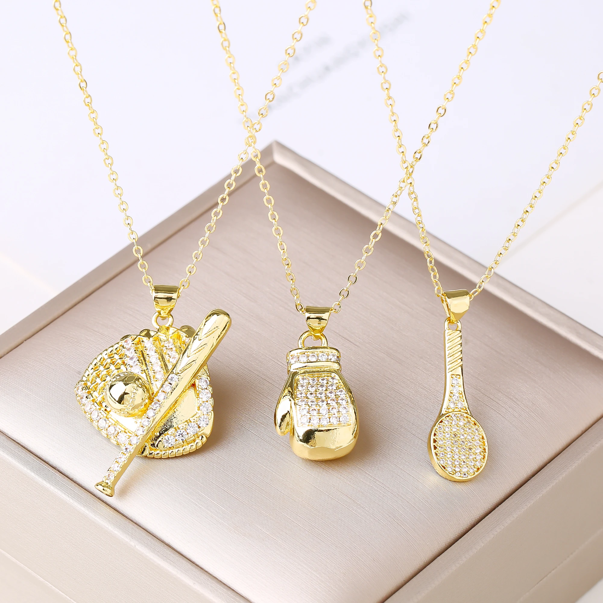 Fashion Baseball Tennis Racket Boxing Gloves Zircon Pendant Necklace for Men Women Sports Party Jewelry Birthday Gift