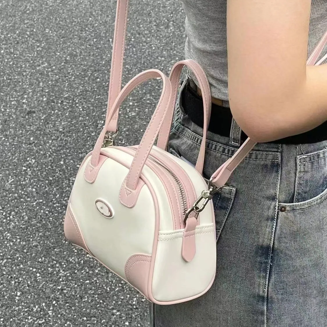 

Ladies Nice Bag Korean Version Summer Boston Bag Fashion Mini Bowling Bag Pink Crossbody Bag Handbag Kawaii Casual Shoulder Bag