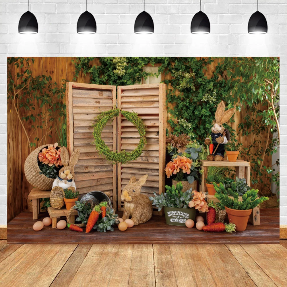 Spring Easter Backdrop Rabbit Bunny Eggs Flower Happy Easter Birthday Party Wood Board Photography Background Photo Studio