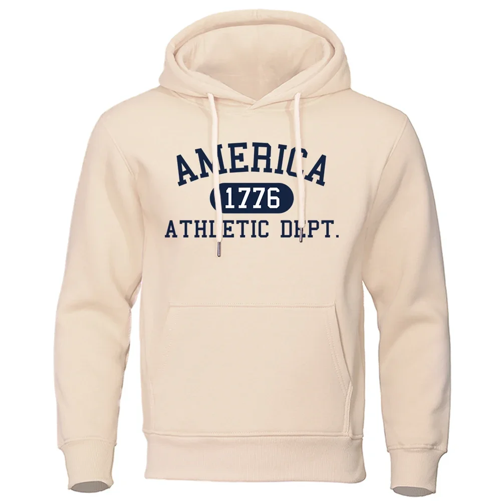 America 1776 Athletic Dept Letter Print Mans Hoodies Pocket O-Neck Sweatshirt Autumn Soft Sweatshirt Casual Loose Man Clothing