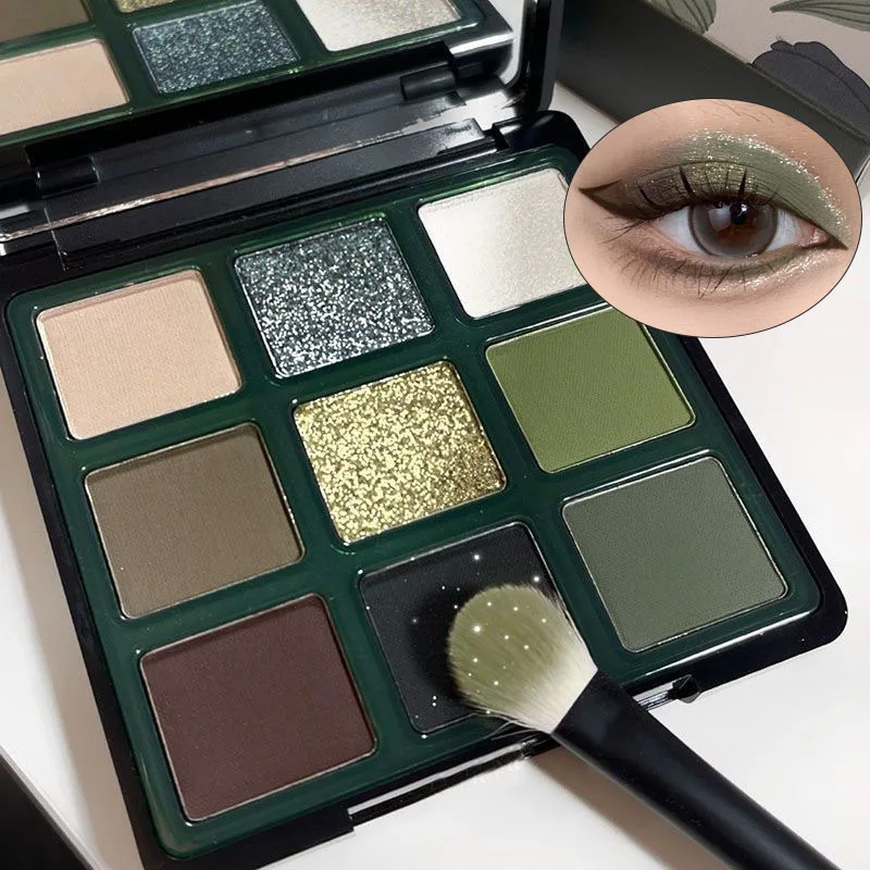 9 Color Eyeshadow Palette Olive Green Smoky Eye Look Pearlescent Shimmer Matte Eyeshadow Powder Makeup Palette Glitter Cosmetics