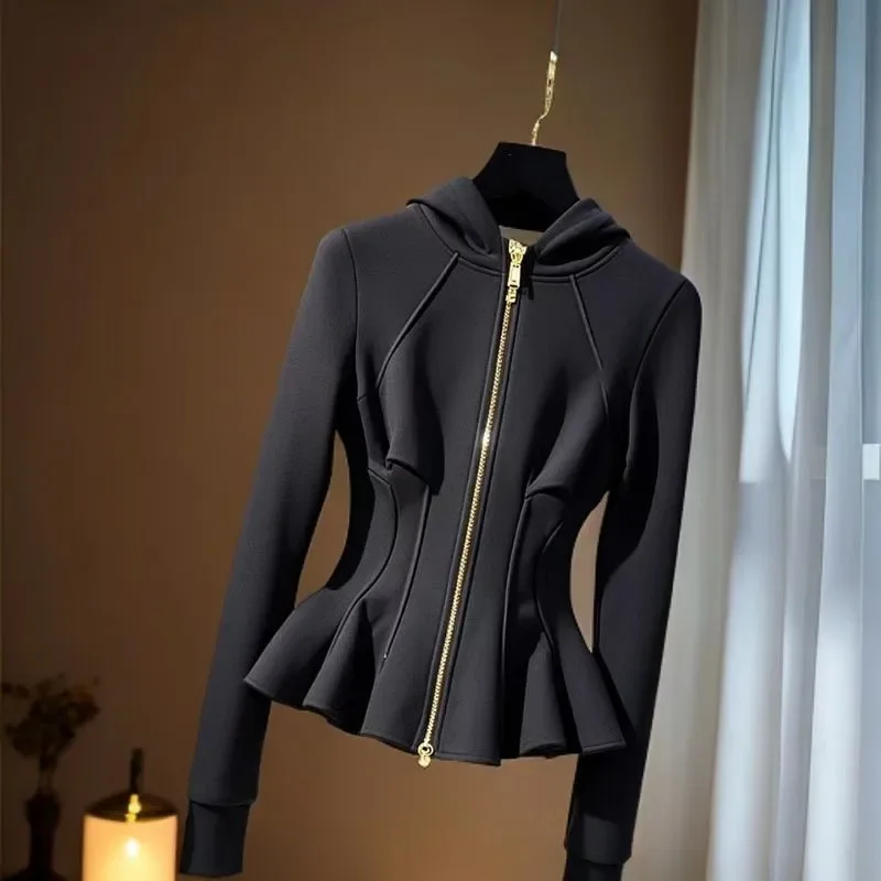 Cappotto con cappuccio con zip sportiva nera moda americana abbigliamento donna 2025 nuova giacca casual a vita sottile primavera autunno donna Harajuku