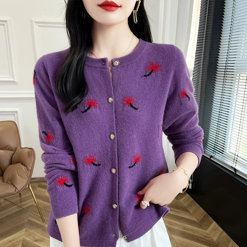 Spring Autumn New Women\'s Clothing 100% Pure Wool Round Neck Knitted Cardigan Fashion Embroidered Tops Short Korean Edition Coat