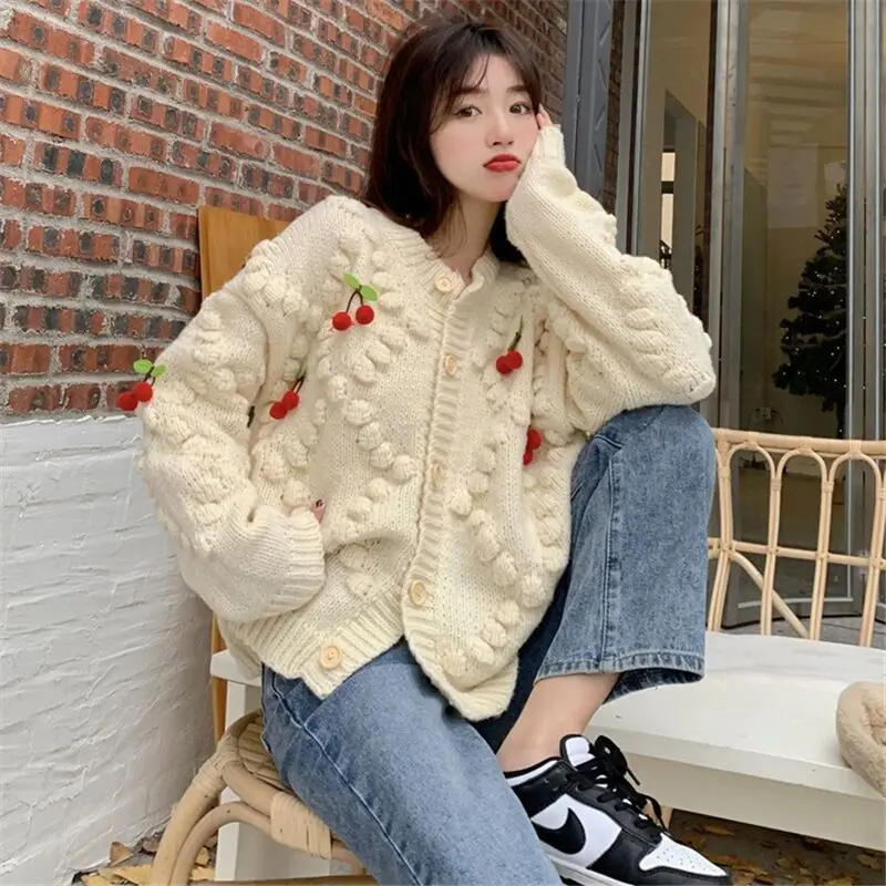 Korean Fashion Women Knitted Cardigan Vintage Warm Autumn O-Neck Long Sleeved Loose Sweet Coat Casual Women's Clothing