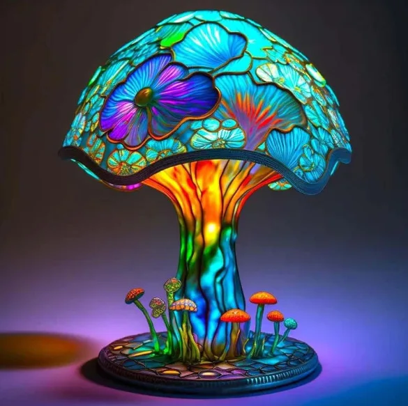 Retro Stained Glass Plant Series Table Lamps Colorful Flower Mushroom Creative Table Night Lamp Bedroom Bedside Atmosphere Light