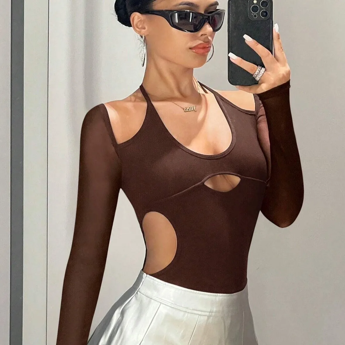 

Sexy Spicy Hot Girl Women Brown Summer Design Sexy Hollow Out Long Sleeve Slimming Lace up Top Slim Fit Jumpsuit Fashion Summer